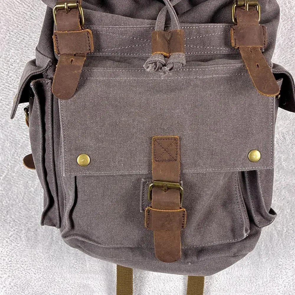 Kattee Backpack Gray Canvas Leather Rucksack Utility Outdoors Hiking Y2K